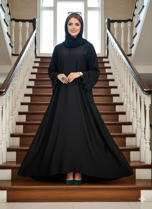 Stone Work Abaya Nidha - Jet Black