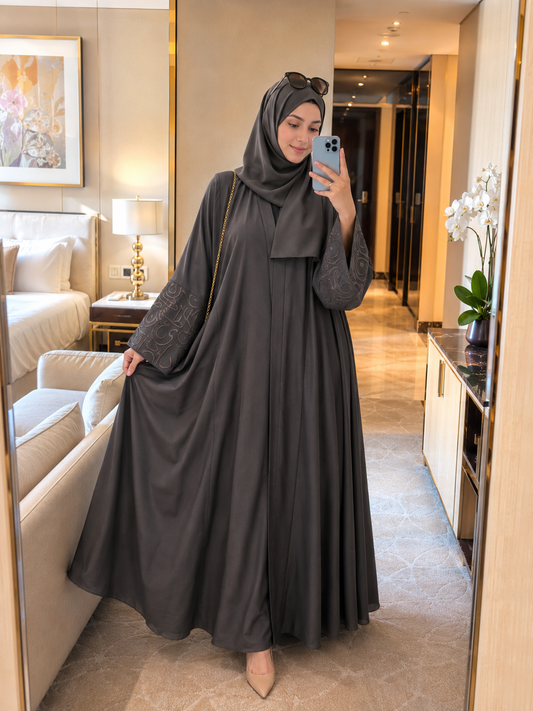 Front Open Abaya – Grey | Elegant Modest Wear by Sajdah