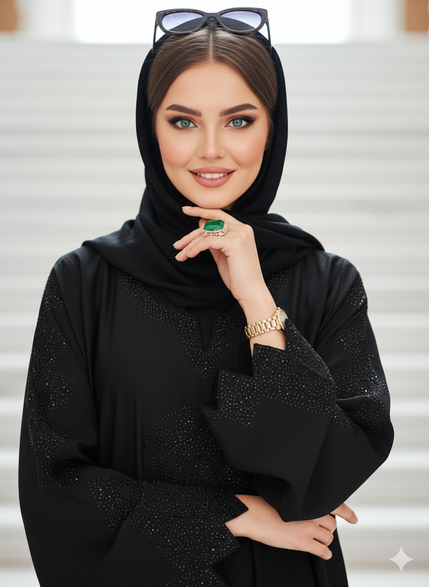 Stone Work Abaya Nidha Black